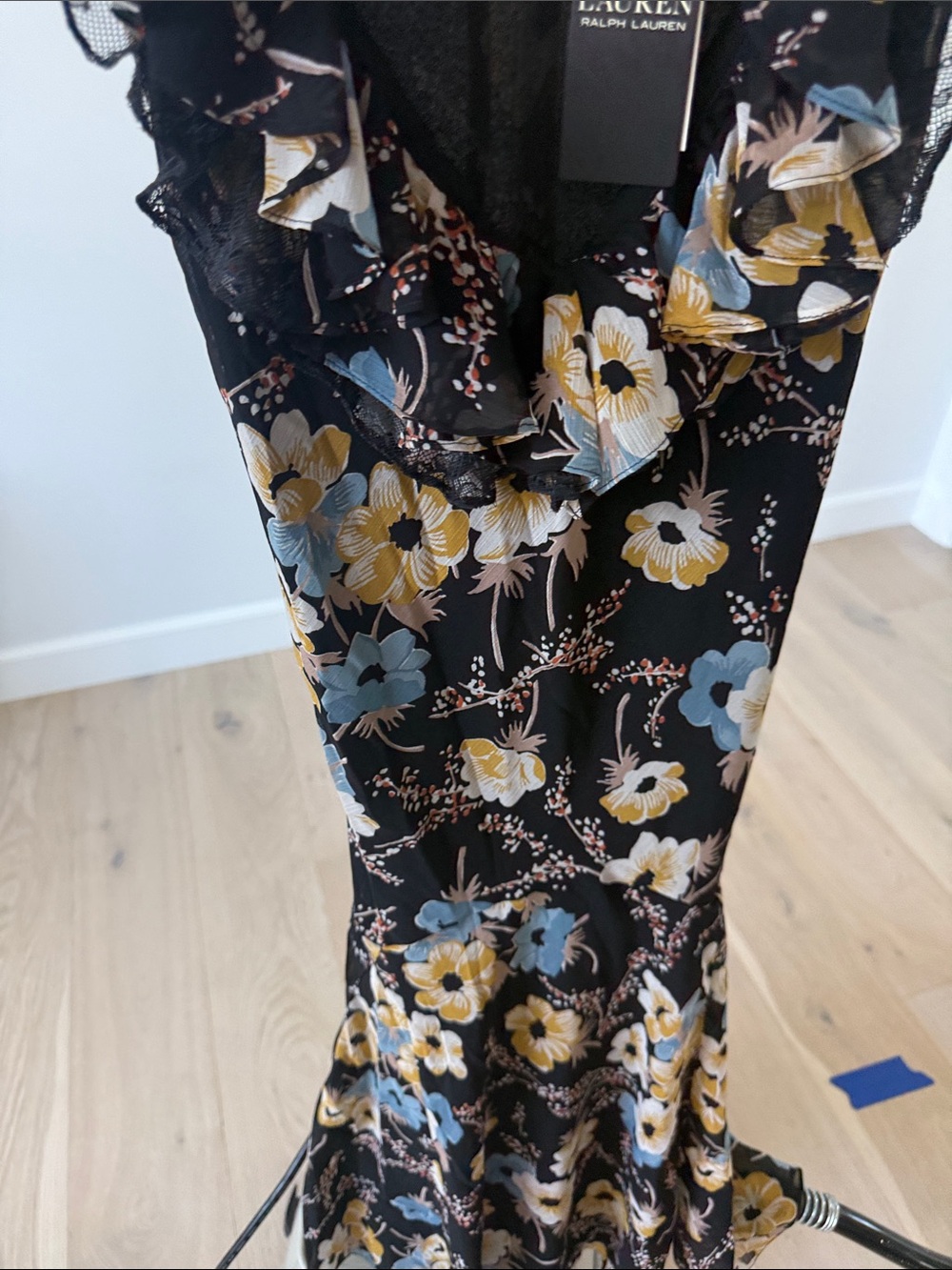 Ralph Lauren Black Floral Ruffle Maxi Dress with Yellow and Blue Blooms